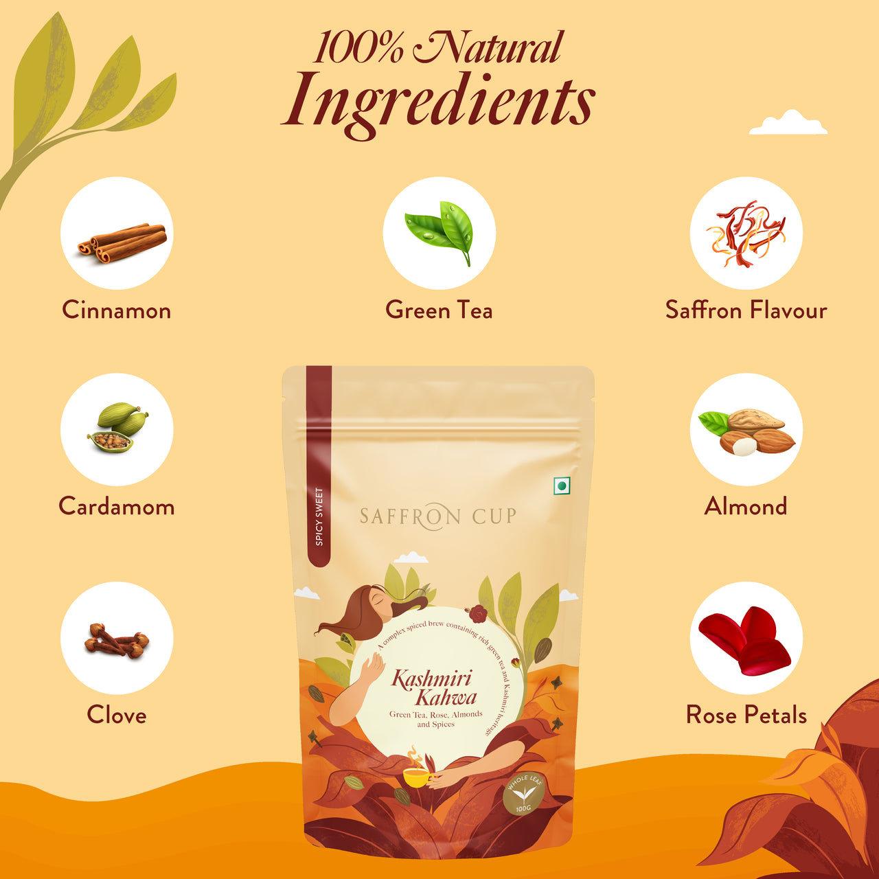 Kashmiri Kahwa Green Tea – 100g | Saffron-Infused, Cardamom, Cinnamon, Almonds