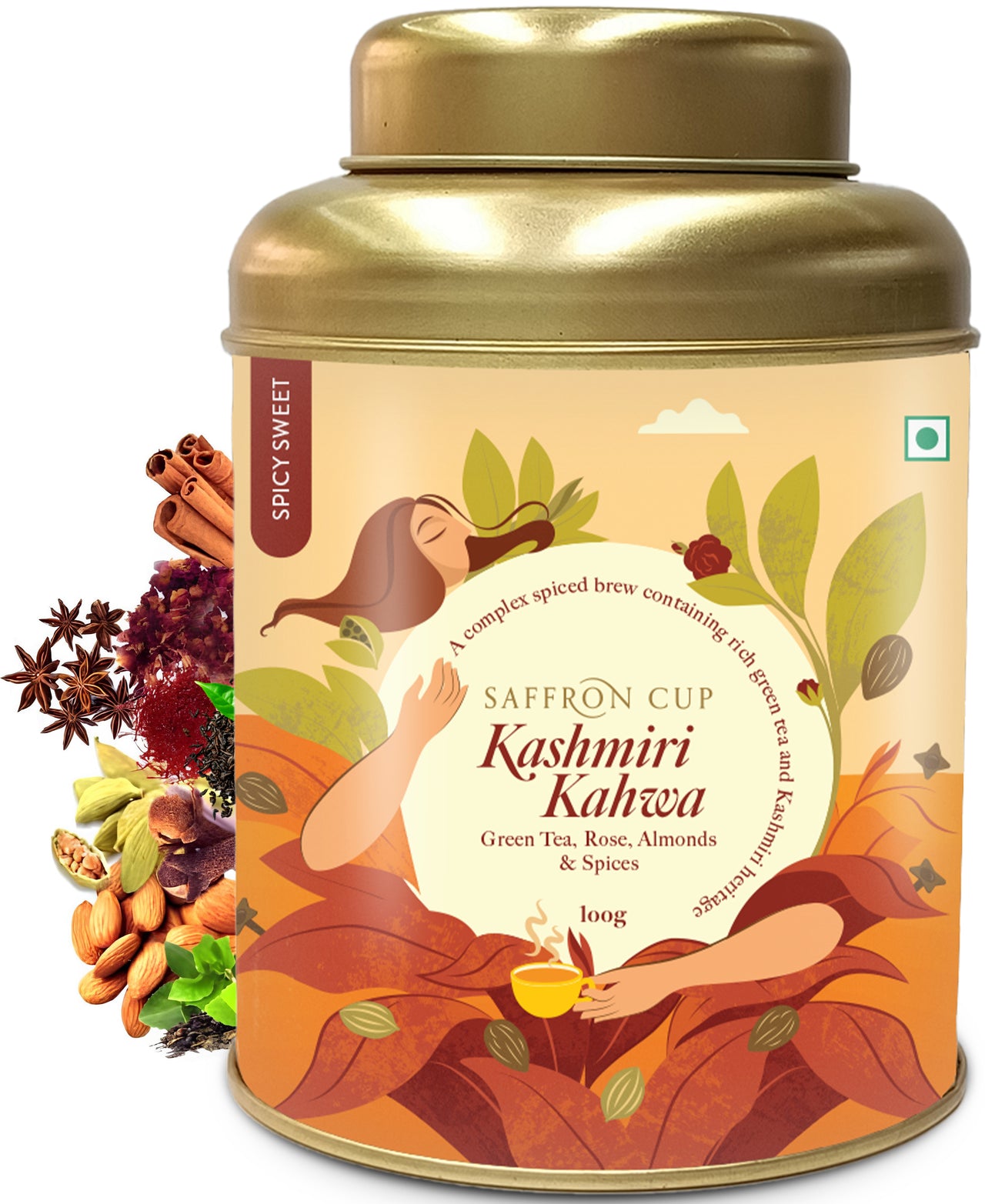 Saffron Cup Kashmiri Kahwa Green Tea - 100 gm | 100% Natural & Sweet Kahwa | Traditional Saffron liquid Infused Green Tea with Cardamom, Rose Petals, Cinnamon & Almonds