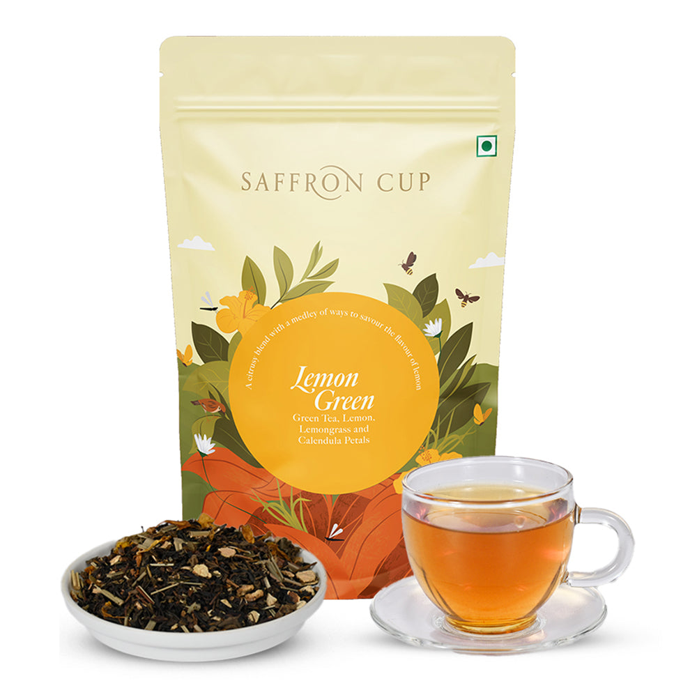 Lovely Lemon Green Tea by Saffron Cup - 100g | With Lemon Peel & Lemongrass | Ideal for Detox & Skin Wellness | 100% Natural in Airtight Zip-Lock Pouch