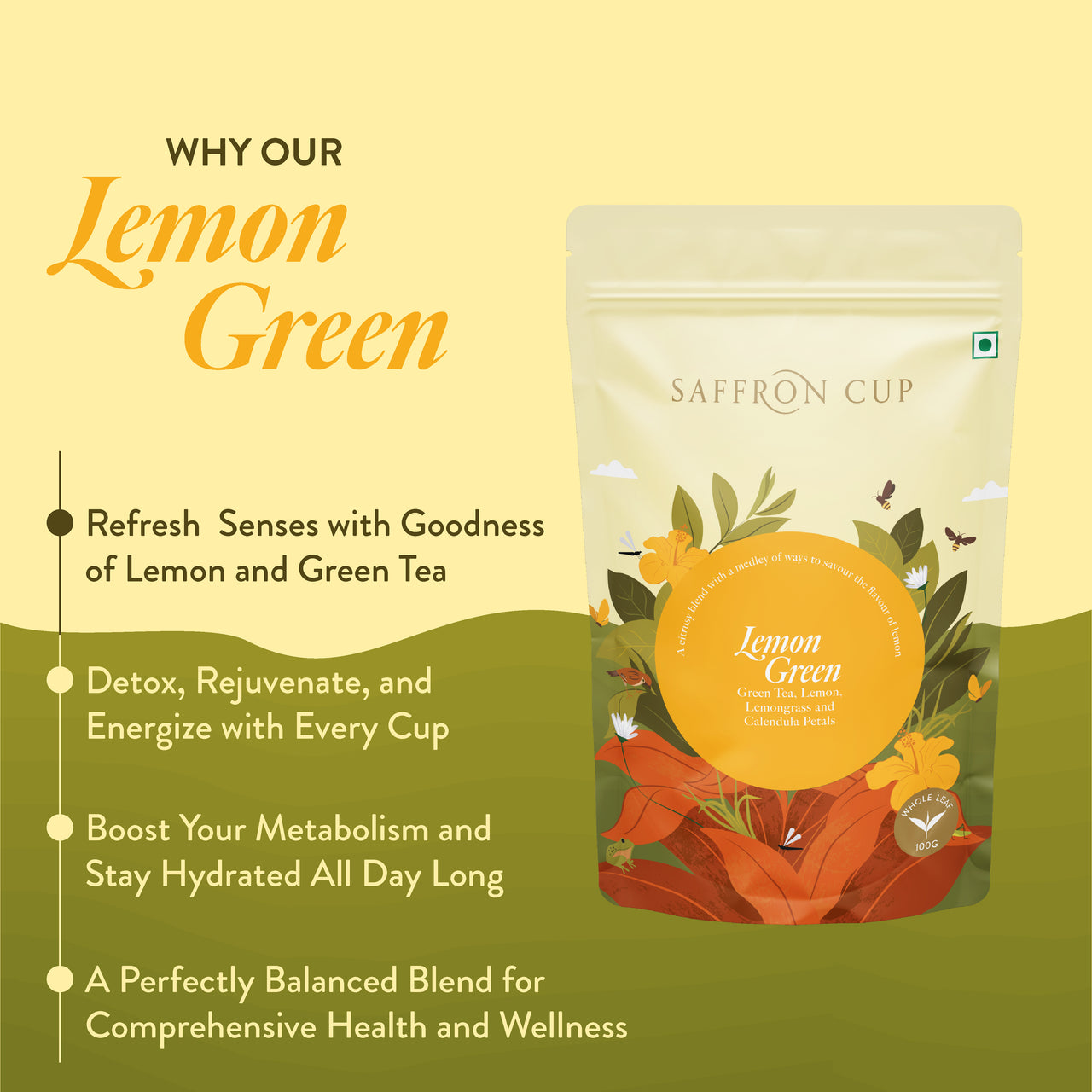 Lovely Lemon Green Tea by Saffron Cup - 100g | With Lemon Peel & Lemongrass | Ideal for Detox & Skin Wellness | 100% Natural in Airtight Zip-Lock Pouch