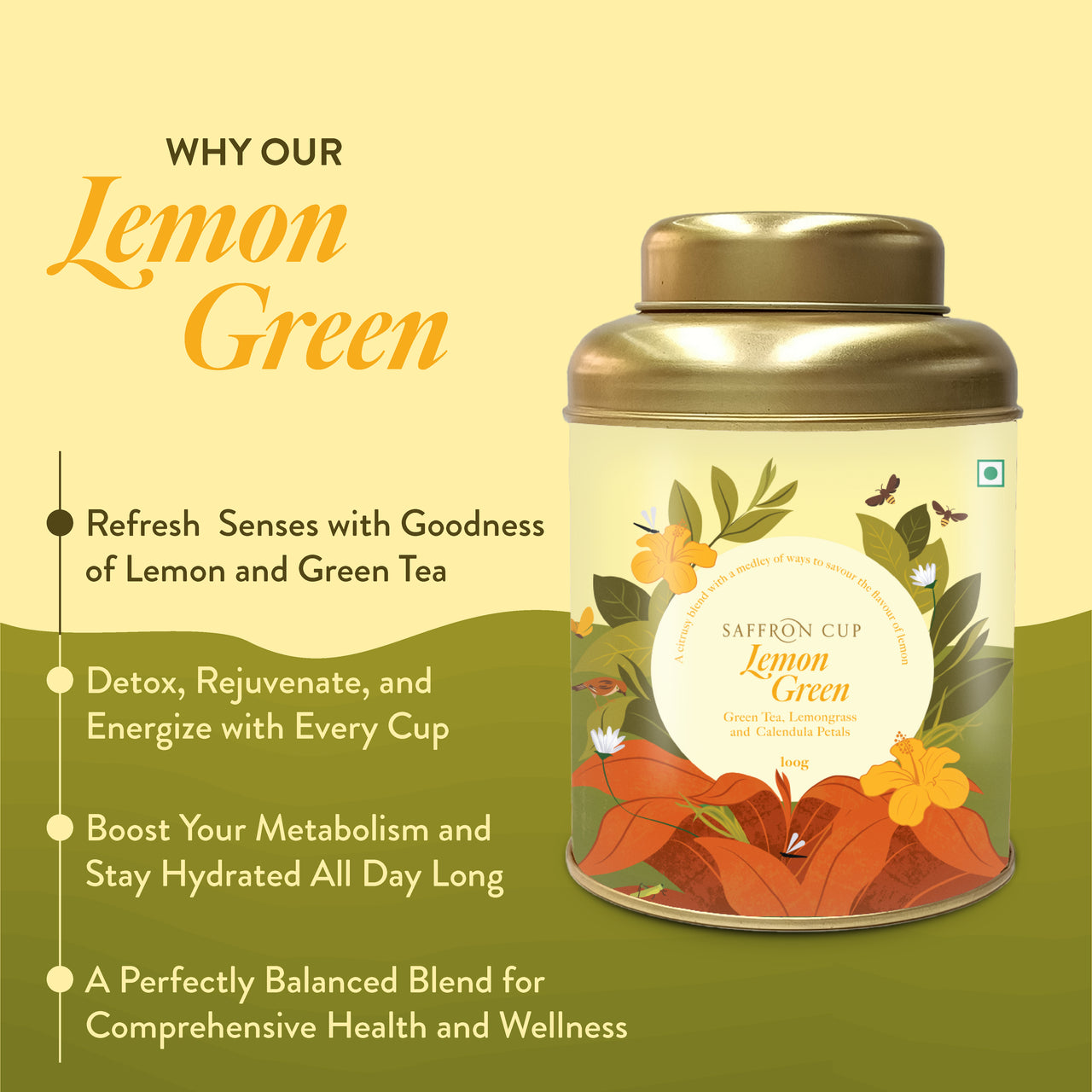 Lovely Lemon (Lemon Green) Tea - 100g | With Lemon Peel & Lemongrass | Ideal for Detox & Skin Wellness | 100% Natural | A Perfect Wellness Treat for Every Occasion