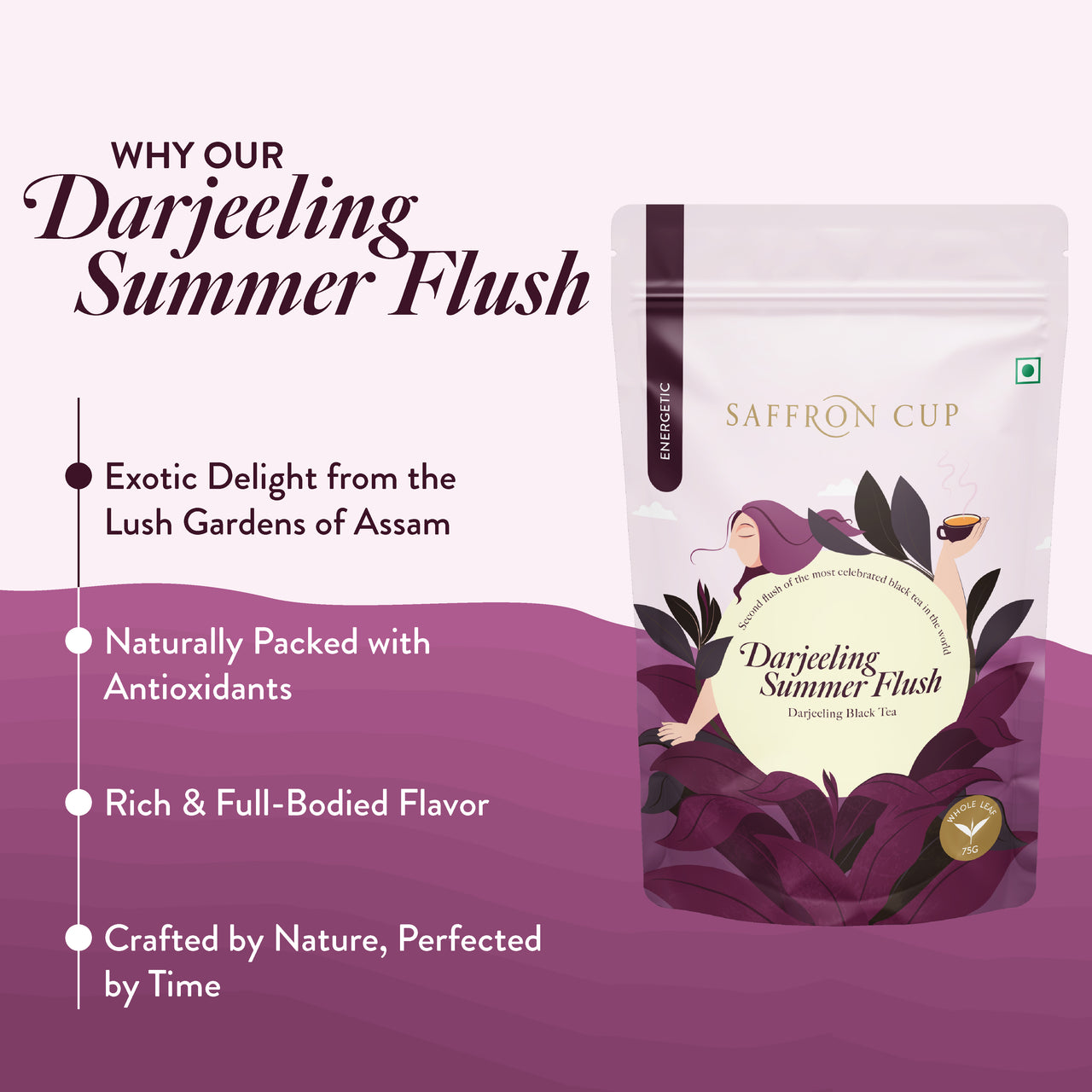 Darjeeling Summer Second Flush Tea by Saffron Cup - 75 gm | Airtight Zip Lock Pouch | Premium Leaf Tea in Pyramid Tea Bags | 100% Natural, Rich in Antioxidants