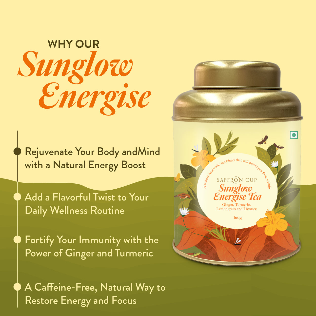 Sunglow Energize Herbal Tea – 100g | Ginger, Turmeric, Lemongrass