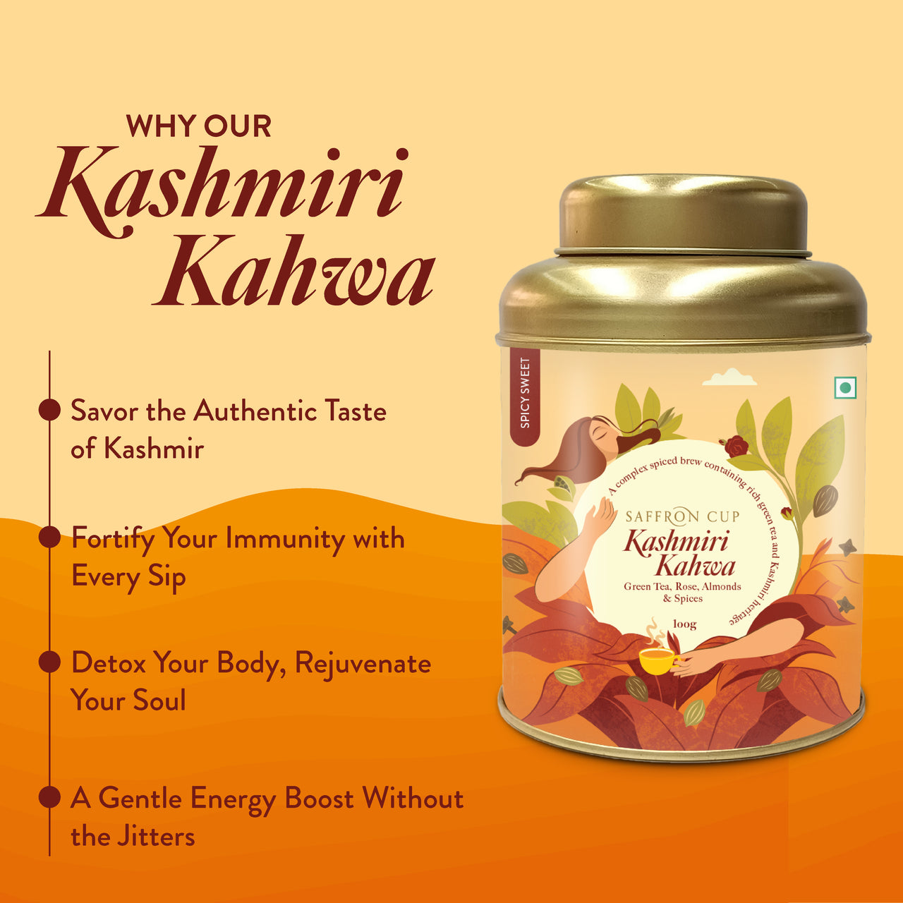 Saffron Cup Kashmiri Kahwa Green Tea - 100 gm | 100% Natural & Sweet Kahwa | Traditional Saffron liquid Infused Green Tea with Cardamom, Rose Petals, Cinnamon & Almonds