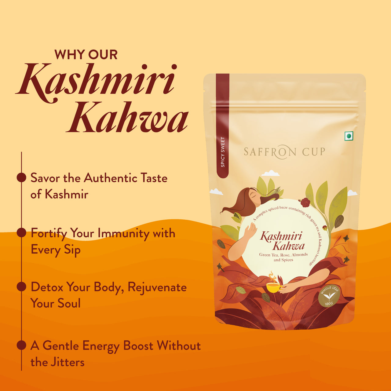 Kashmiri Kahwa Green Tea – 100g | Saffron-Infused, Cardamom, Cinnamon, Almonds