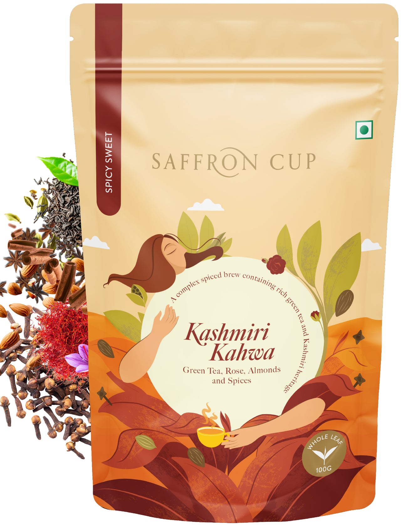 Saffron Cup Kashmiri Kahwa Green Tea – 100g | Airtight Zip Lock Pouch | Traditional Saffron-Infused Green Tea with Cardamom, Rose Petals, Cinnamon & Almonds