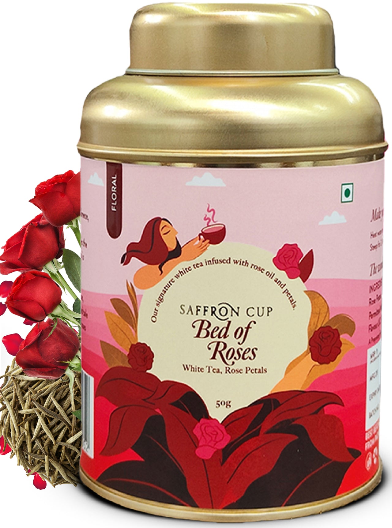 Premium Rose White Tea by Saffron Cup Bed of Roses, 50g Loose Leaf