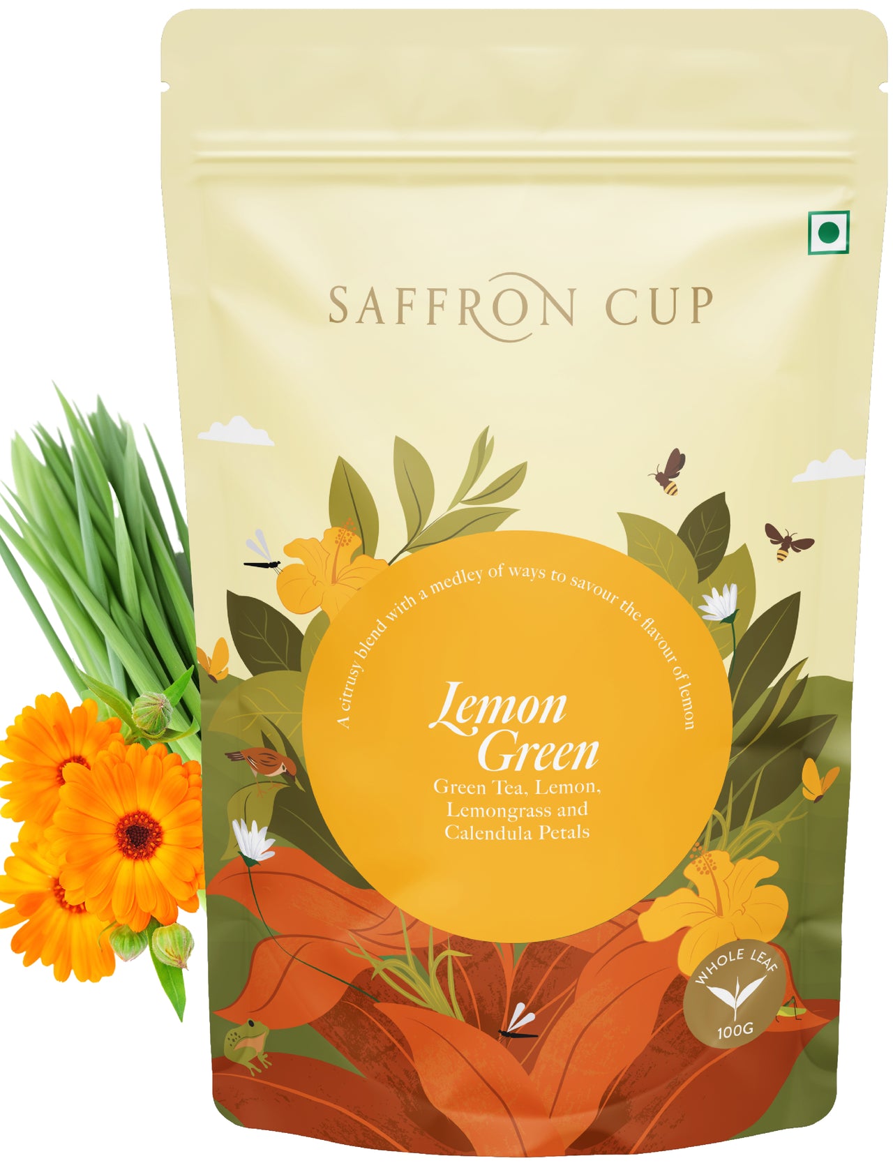 Lovely Lemon Green Tea by Saffron Cup - 100g | With Lemon Peel & Lemongrass | Ideal for Detox & Skin Wellness | 100% Natural in Airtight Zip-Lock Pouch