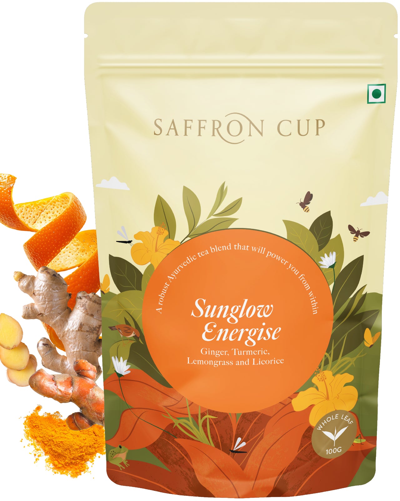 Sunglow Energize (Ginger & Turmeric) Herbal Tea by Saffron Cup - 100g | Airtight Zip Lock Pouch | Organic Wellness Blend with Lemongrass, Orange Peel & Licorice | Caffeine-Free, Anti-Inflammatory