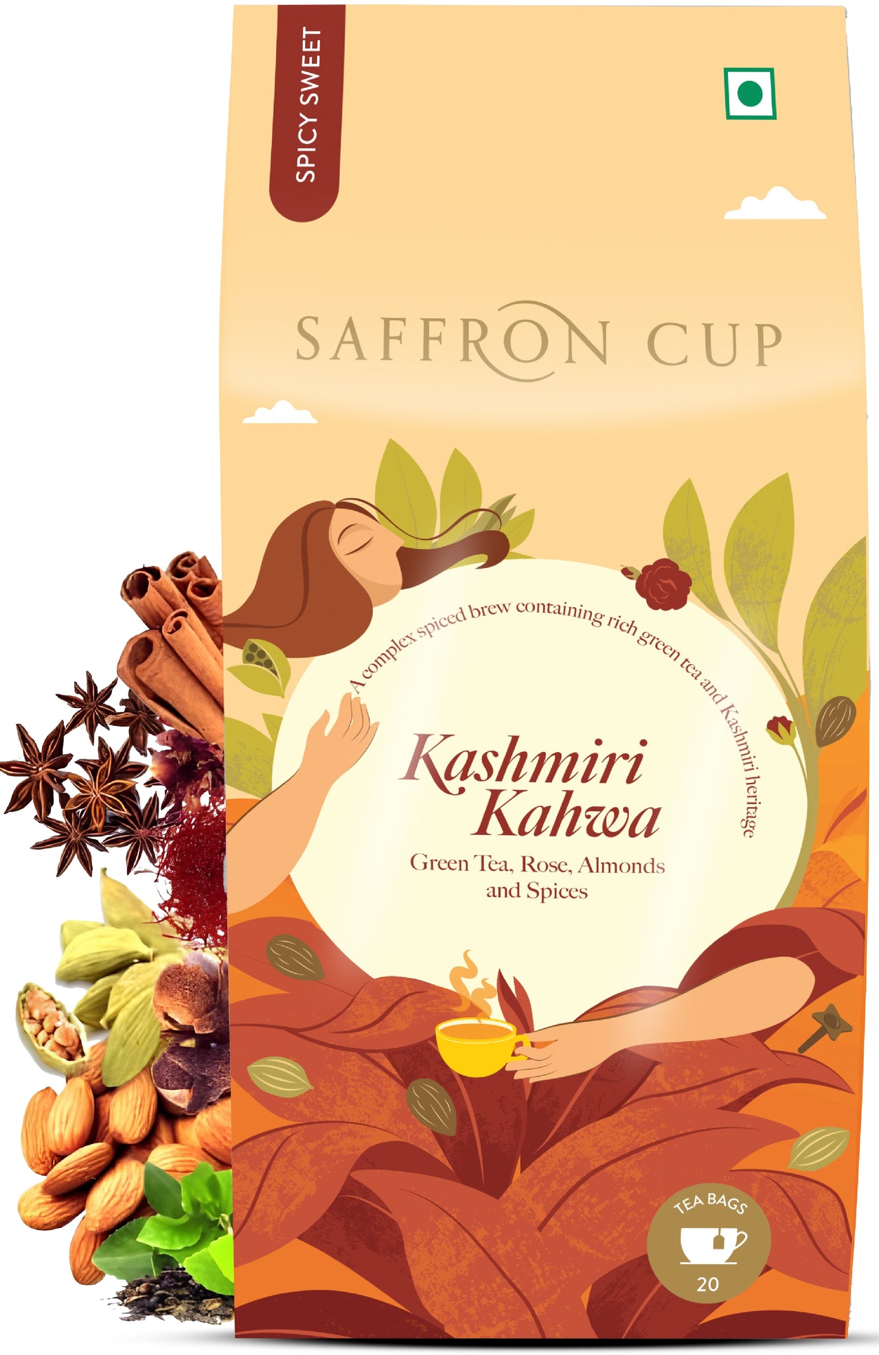 Saffron Cup Kashmiri Kahwa Green Tea | 20 Teabags - 40 gm | 100% Natural & Sweet Kahwa