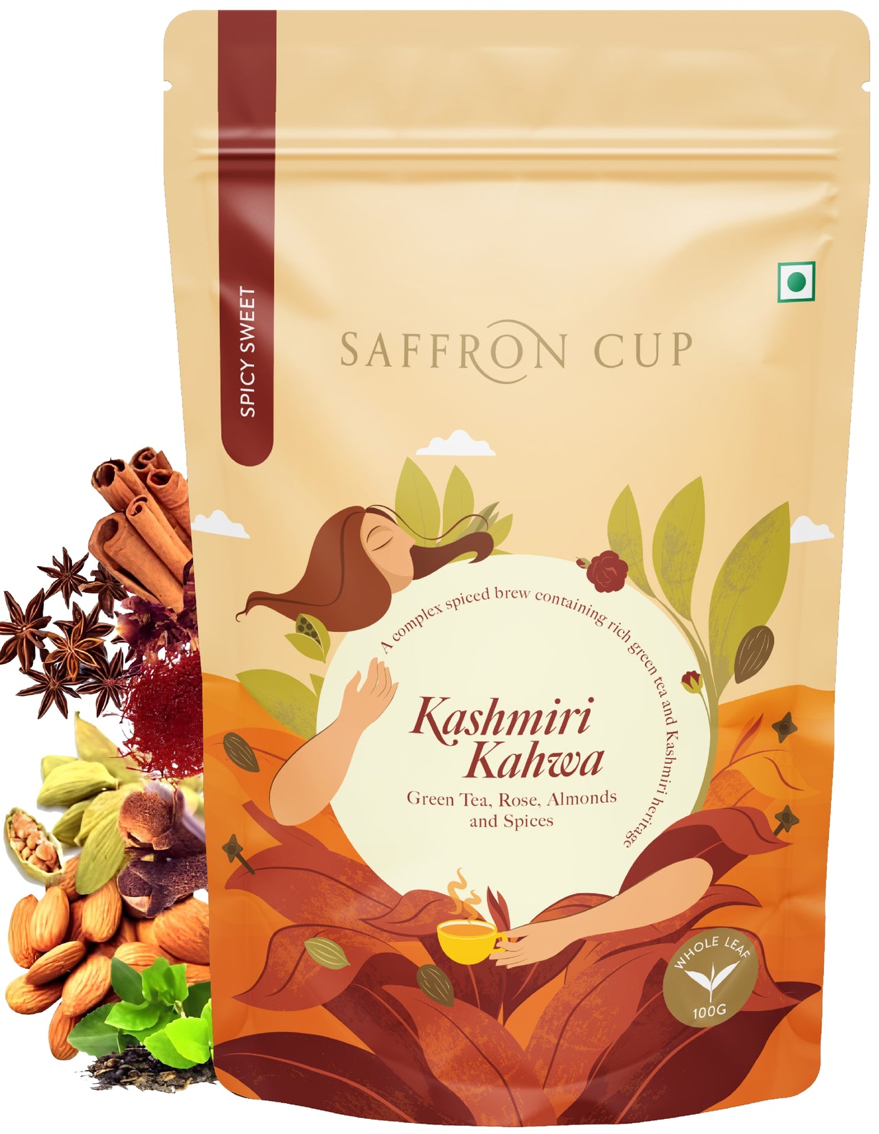 Kashmiri Kahwa Green Tea – 100g | Saffron-Infused, Cardamom, Cinnamon, Almonds