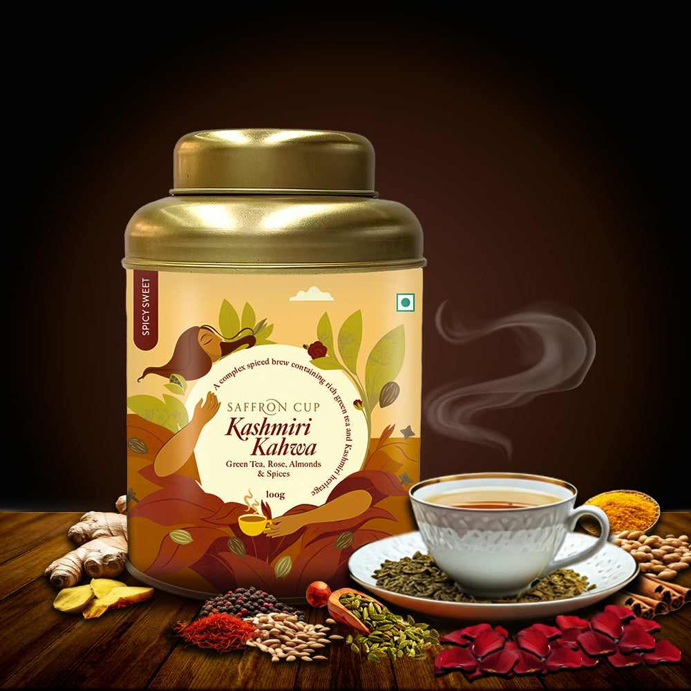 Kashmiri Kahwa Green Tea – 200g | Saffron, Cinnamon, Almonds, Rose Petals